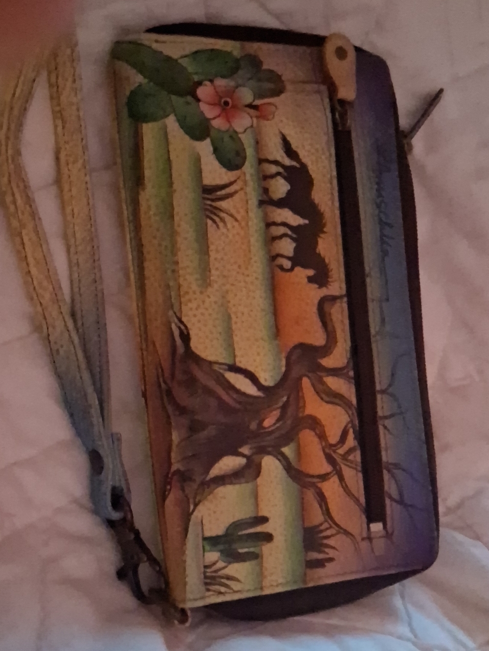 Anuschka Hand-Painted Desert Scene Wallet in Green, Blue, Orange, Brown, New